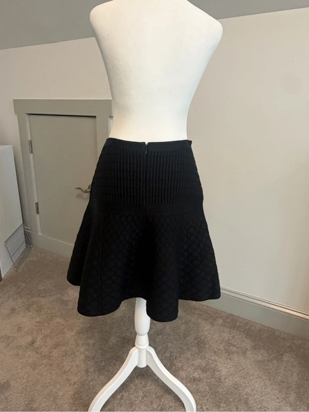 CHANEL Black Quilted Drop Waist Knit Skirt Silver CC Globe Buttons Fits US 8 10